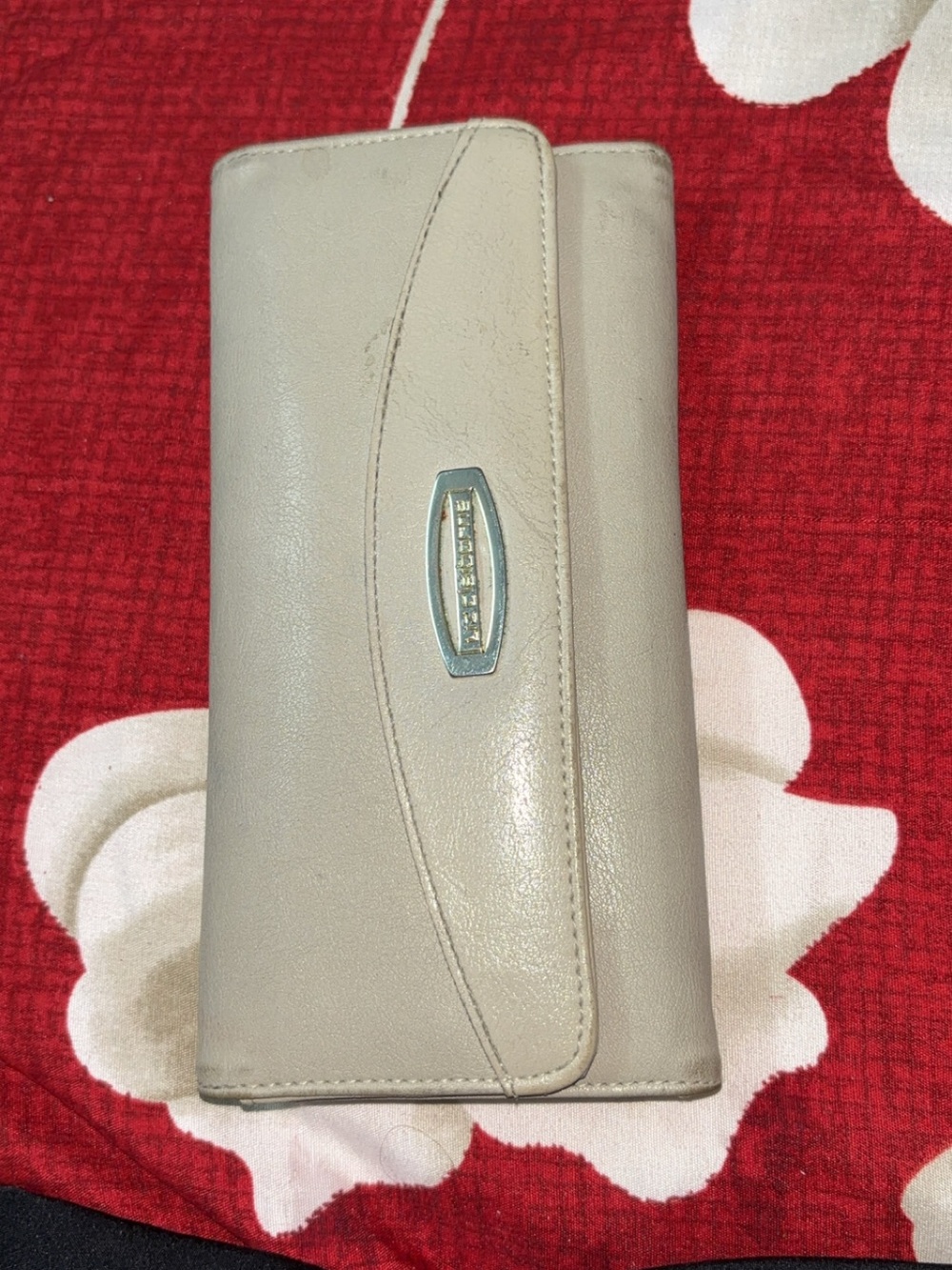 Liz Claiborne Beige Leather Wallet Phone Case with Metal Logo Plaque